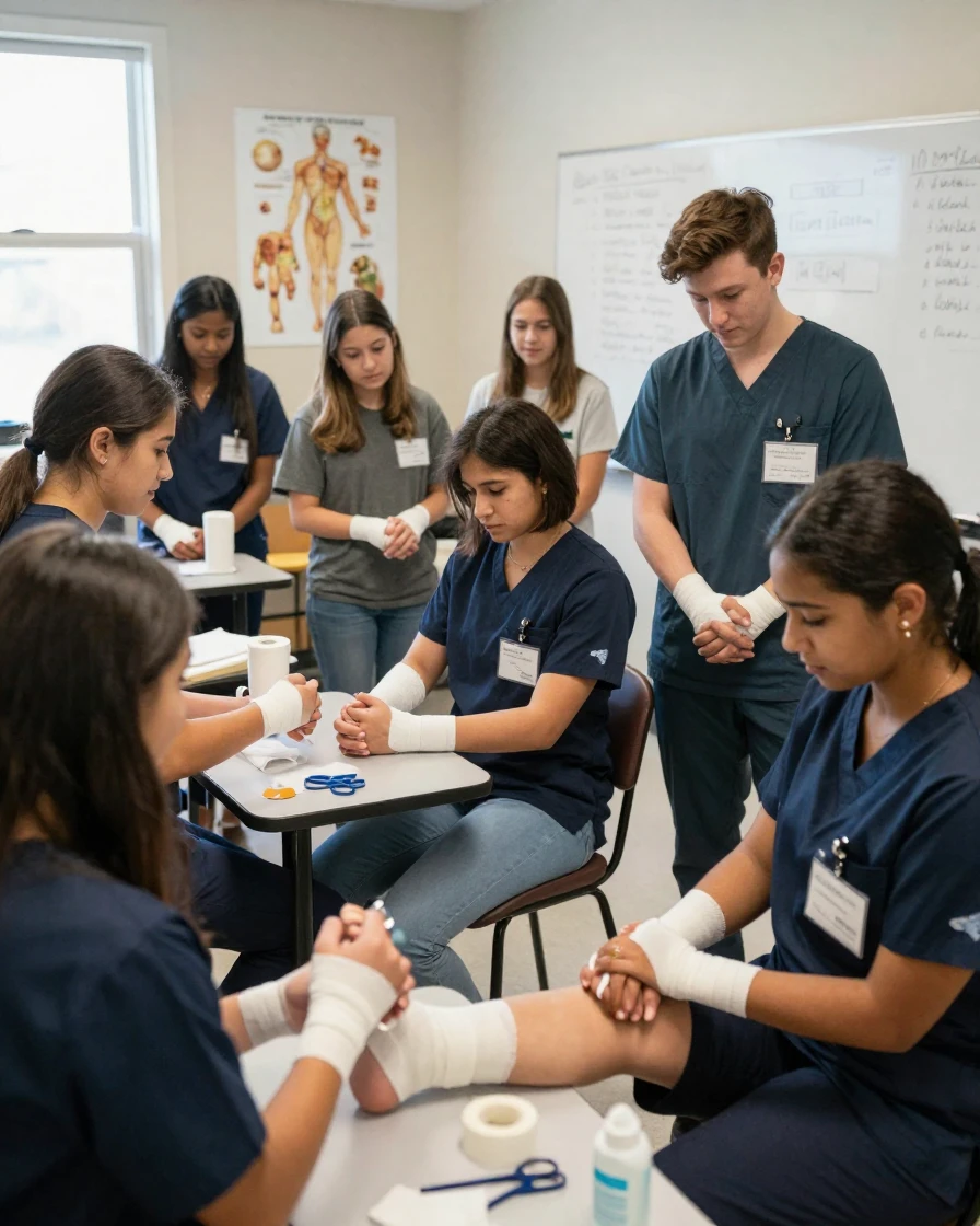 A group of nursing students practices bandaging techniques on each other.