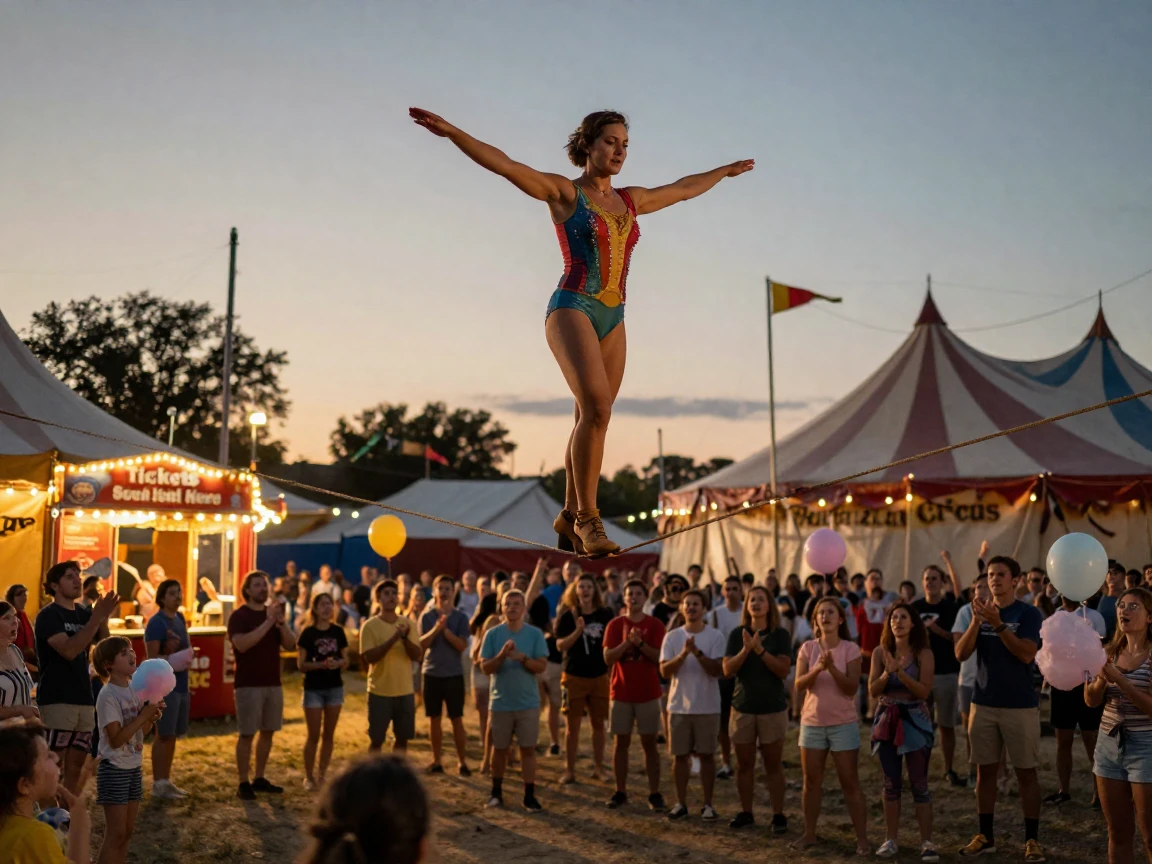 A tightrope walker balancing high above a cheering circus crowd