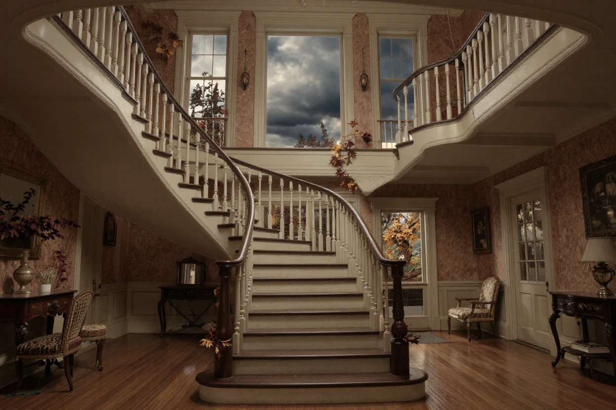 A grand staircase winding through an old manor house, in the pale light just before sunrise, under a darkening storm sky, in the mild days of early autumn, with rich burgundy and gold accents, framed symmetrically down a long corridor.