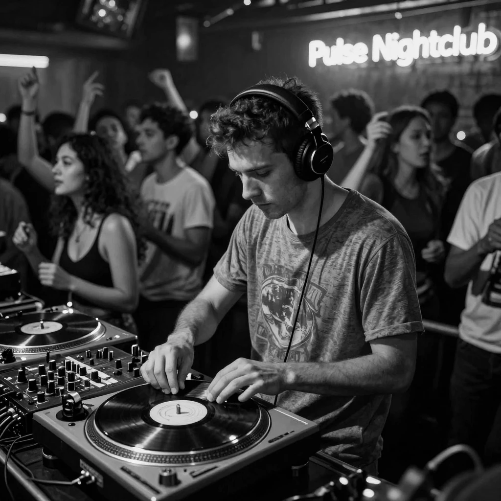 A DJ spins records for a packed dance floor inside a pulsing nightclub.