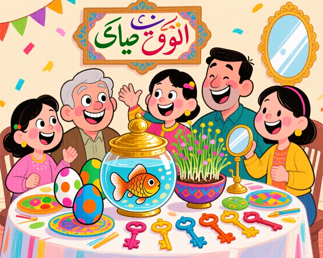 A family celebrating Nowruz with a beautifully arranged Haft-Seen table.