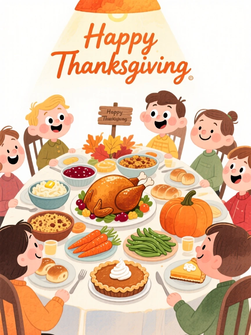 A joyful celebration scene of a Thanksgiving table piled high with autumn harvest dishes, glowing with soft festive light
