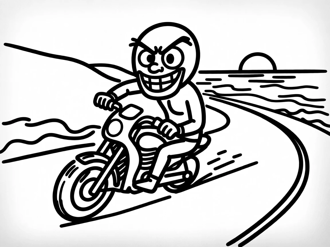 A motorcyclist leaning into a curve on a scenic coastal highway at sunset.