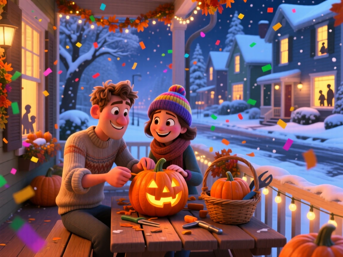 A couple carving pumpkins on a porch happens on a snowy street lined with glowing windows, with confetti and streamers filling the air. A bright, merry energy fills the entire scene.