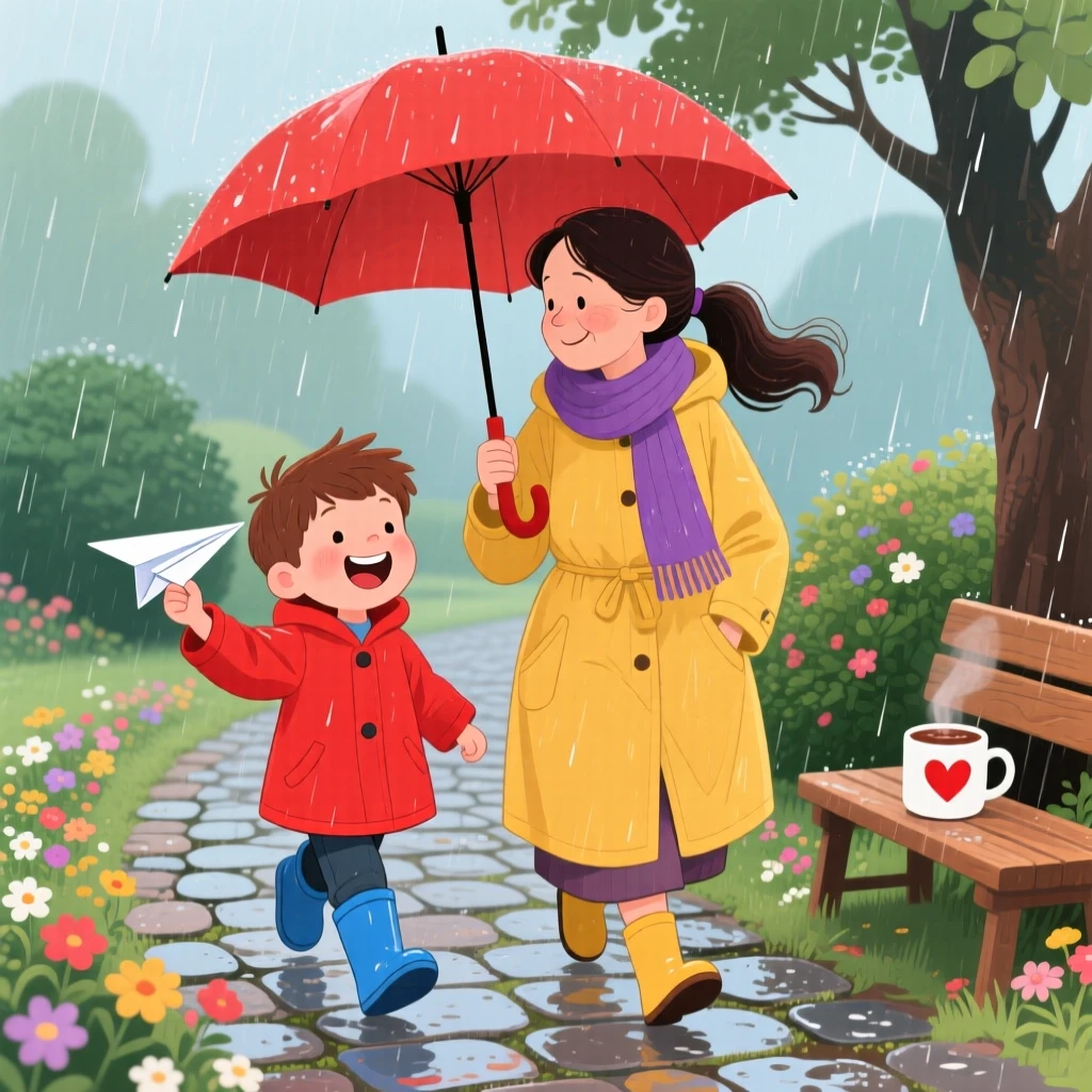 A boy with a paper airplane laughs while walking home together under one umbrella together with her favorite aunt, with a warm cup of cocoa nearby.