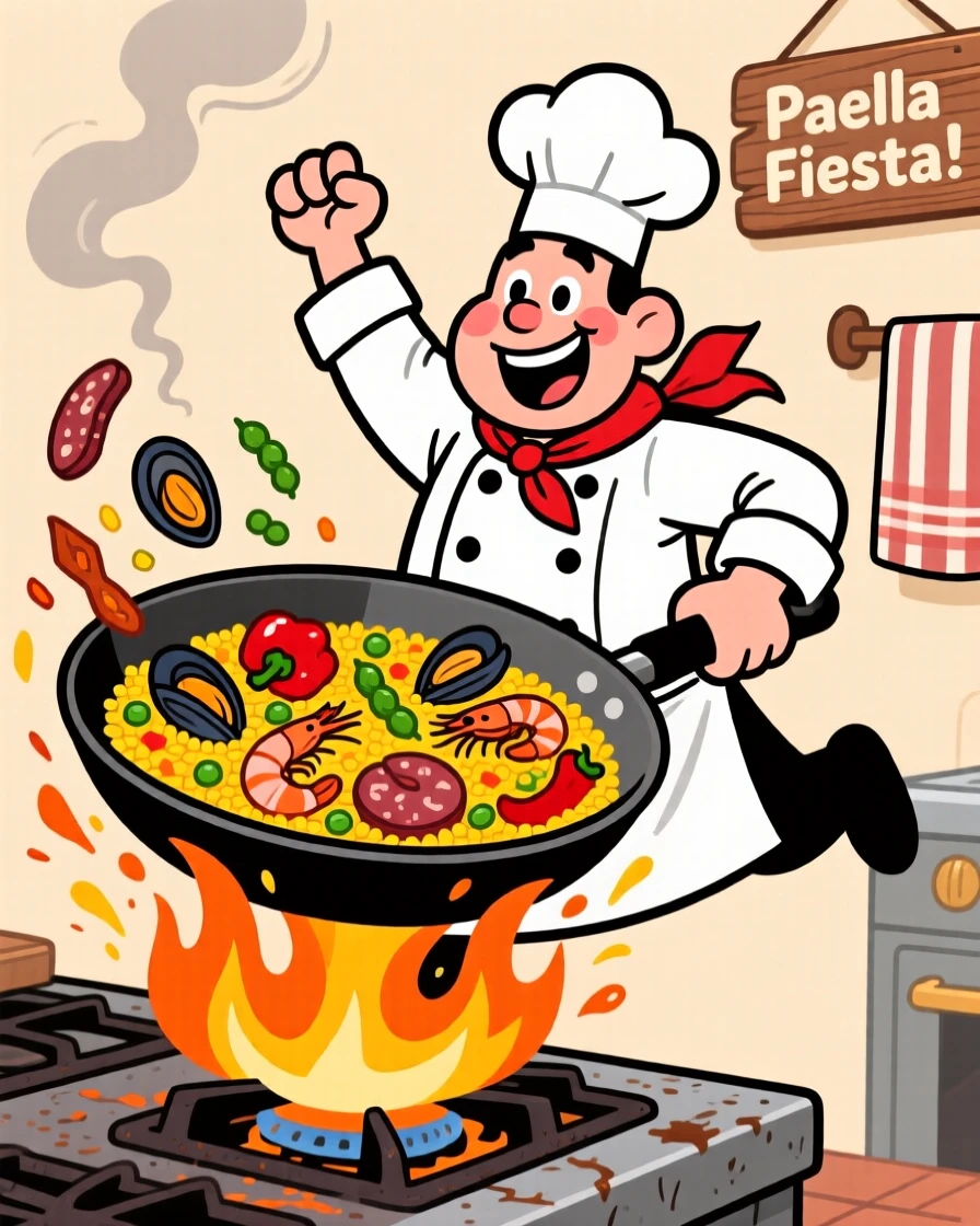 A chef flipping a sizzling pan of paella over an open flame.