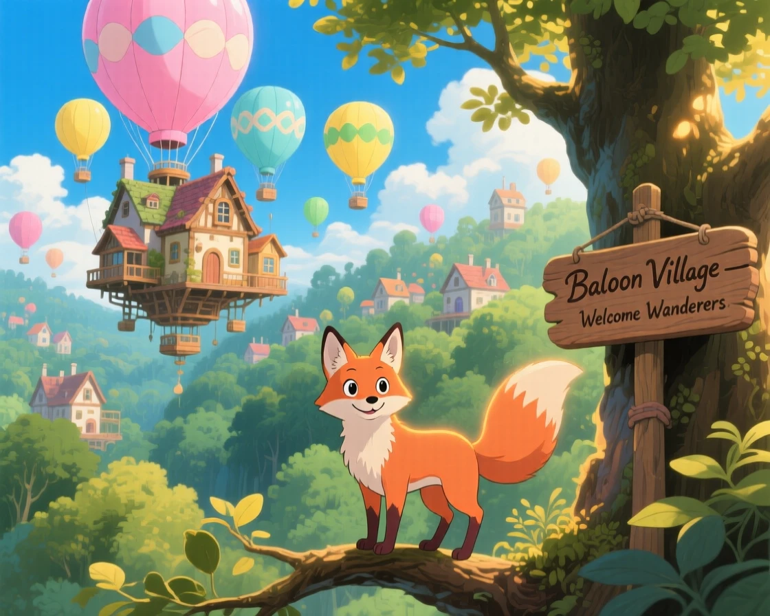 A balloon village drifting gently above a forest canopy, where a fox with softly glowing fur can be seen nearby, the atmosphere whimsical and joyful.