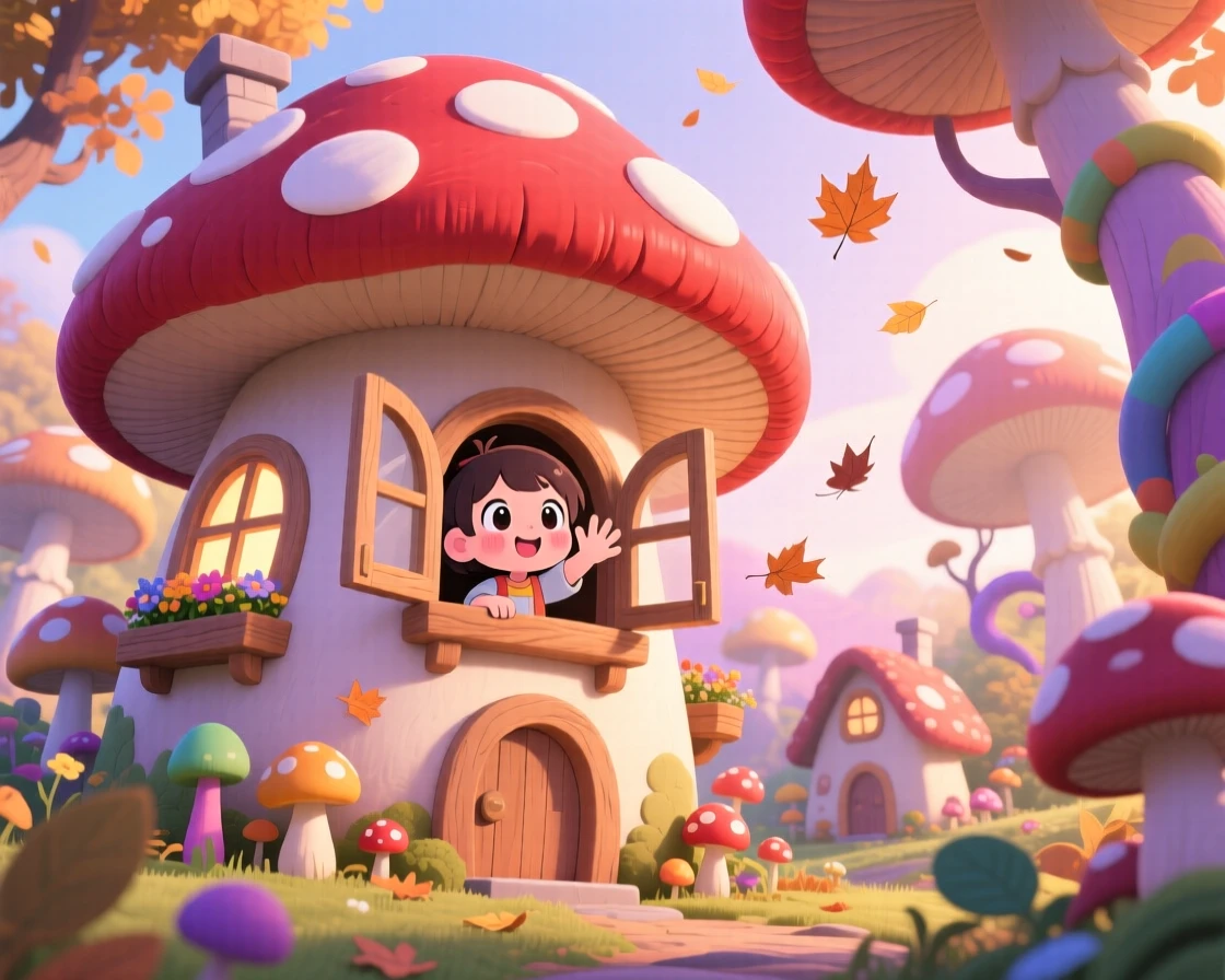A small child waving from a window of a mushroom-shaped cottage, framed as a worm's-eye view within a whimsical fungal village, on a crisp autumn afternoon, glowing under soft pastel light of dawn, evoking proud determination.