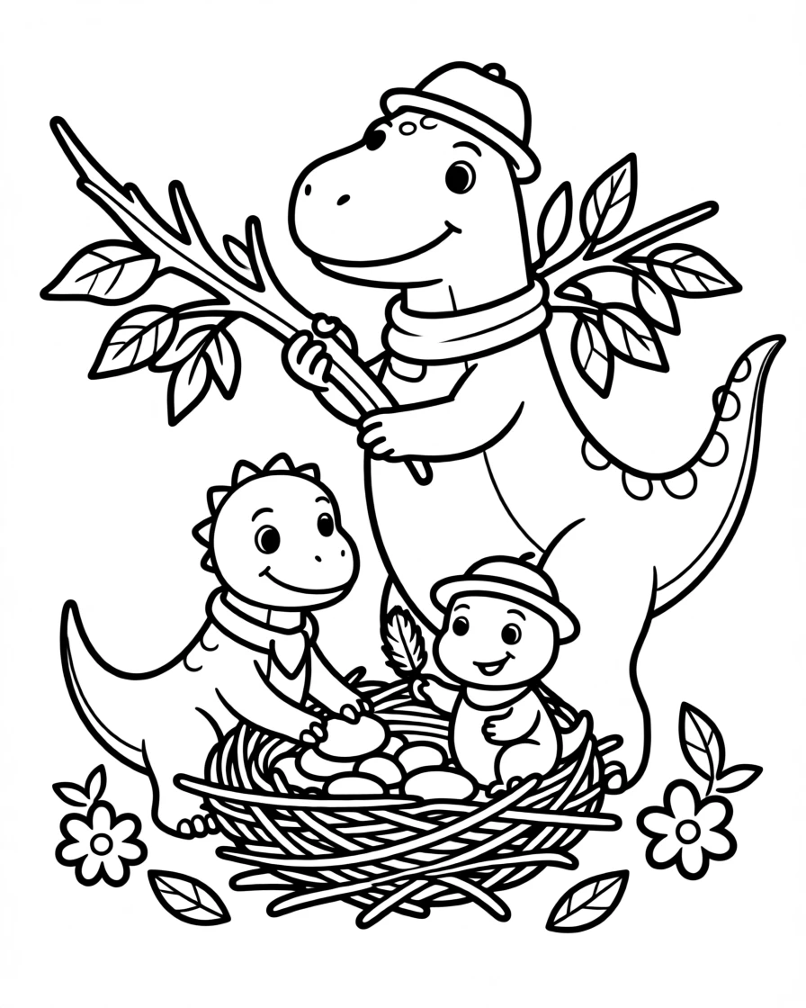 A friendly dinosaur family building a nest together