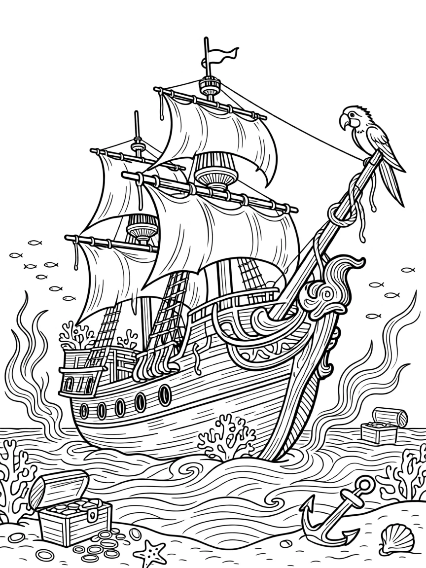 A sunken pirate ship covered in coral and seaweed, with swirling sand and drifting seaweed.
