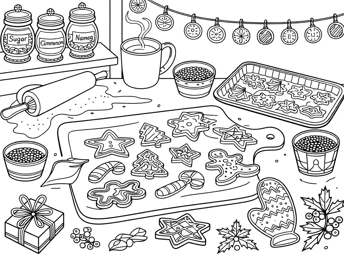 A Christmas cookie decorating scene with icing, sprinkles, and gingerbread.