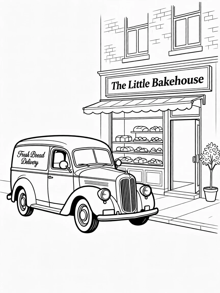 A vintage delivery van parked outside a small bakery