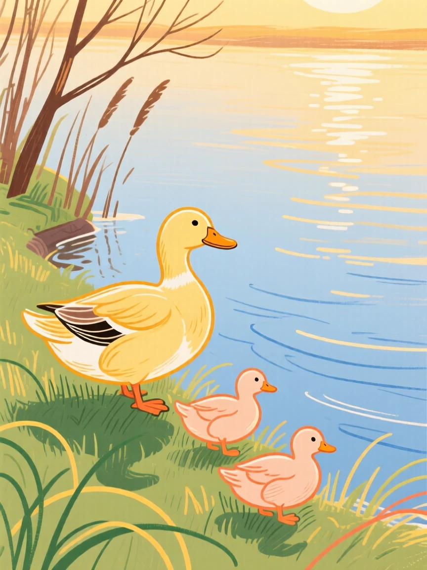 A family of ducks grazing along a quiet riverbank during golden hour.