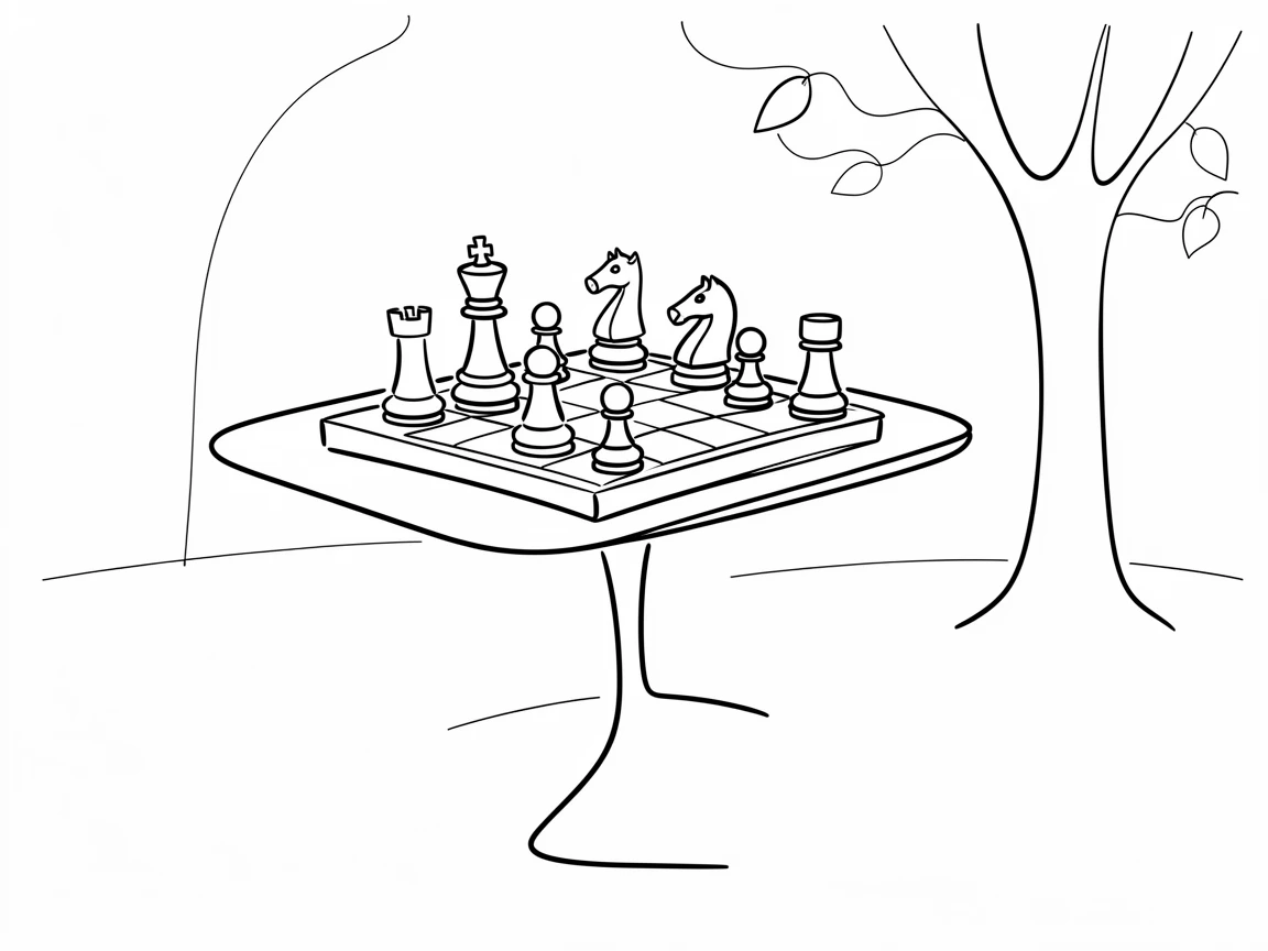 A chess set mid-game on a small table in a quiet park