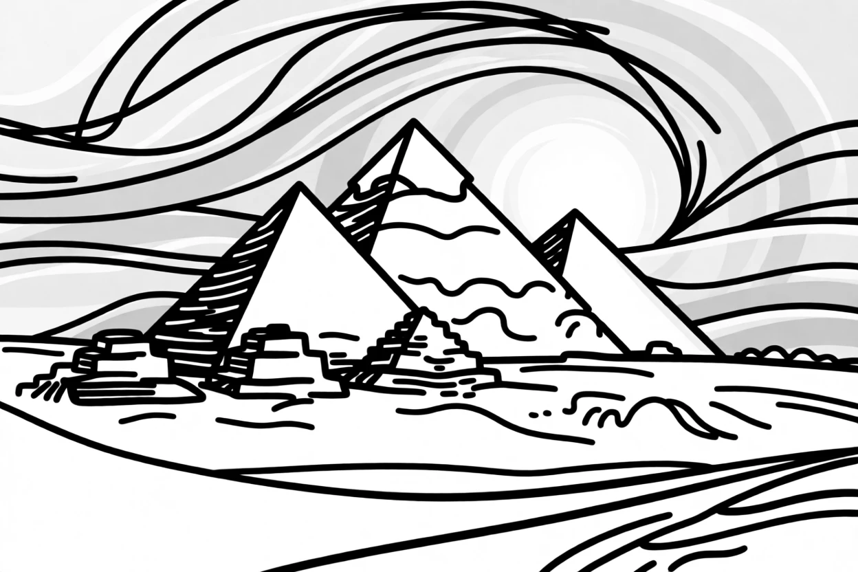 The pyramids of Giza standing against a golden desert sunset.