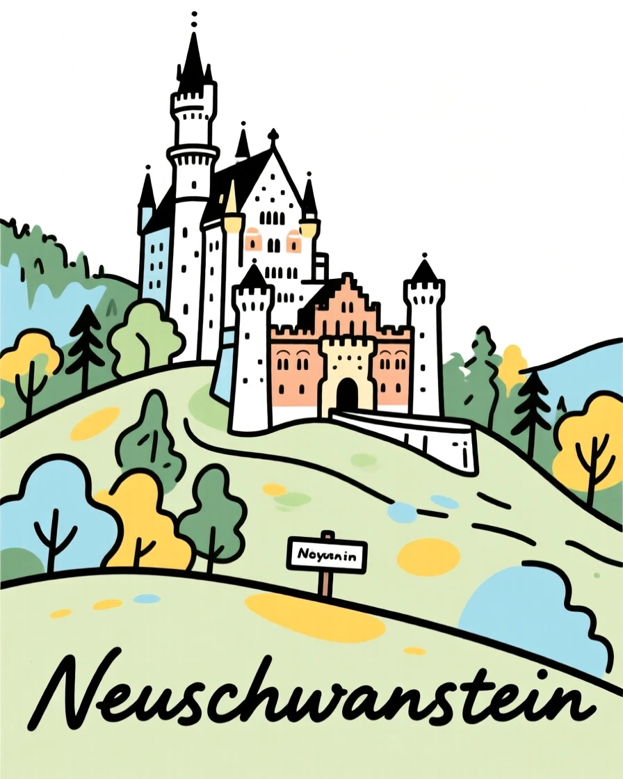 Neuschwanstein Castle rising from a forested hillside in Bavaria.