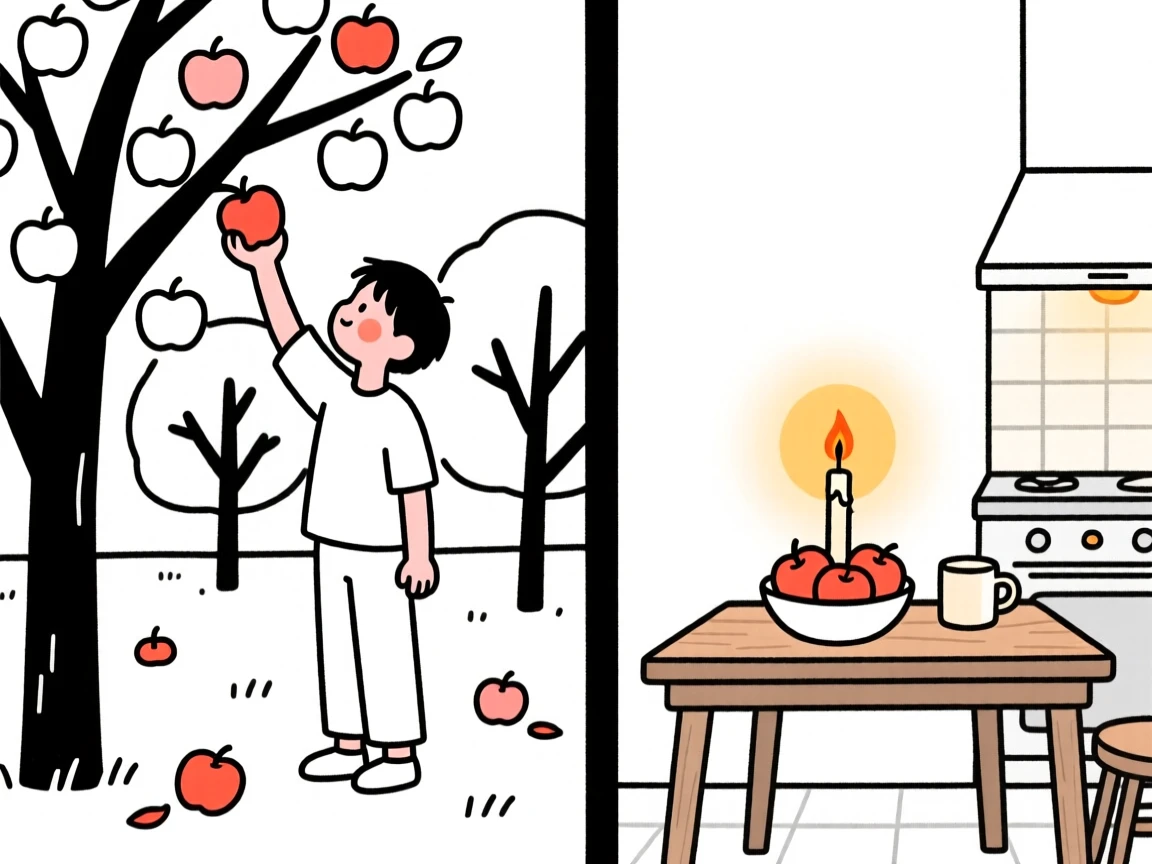A teenager picking apples in an orchard, in a cozy candlelit kitchen.