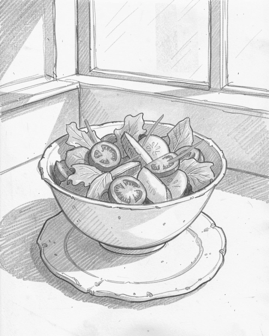 A cozy food scene featuring a bowl of fresh garden salad beside a sunlit kitchen window, with a rustic ceramic plate beneath it.