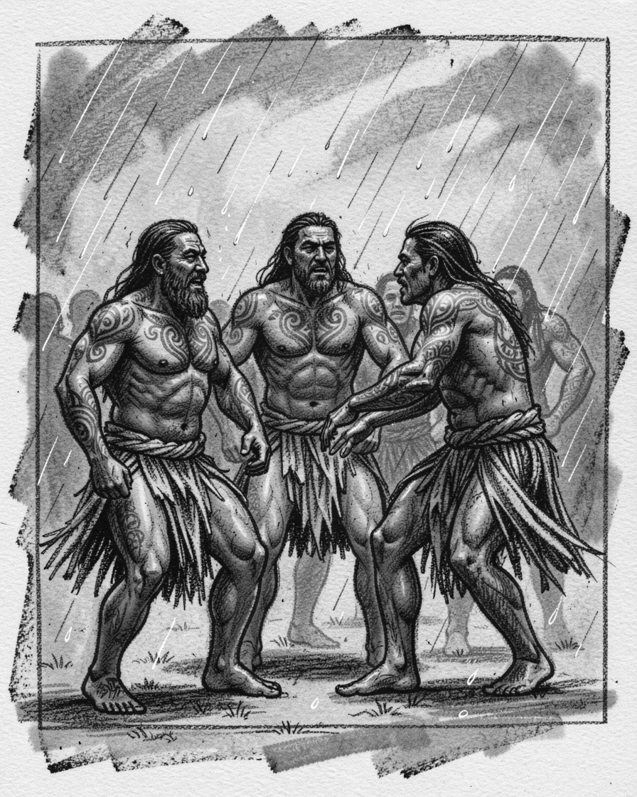 A traditional Maori haka performance, as gentle rain patters down around them.