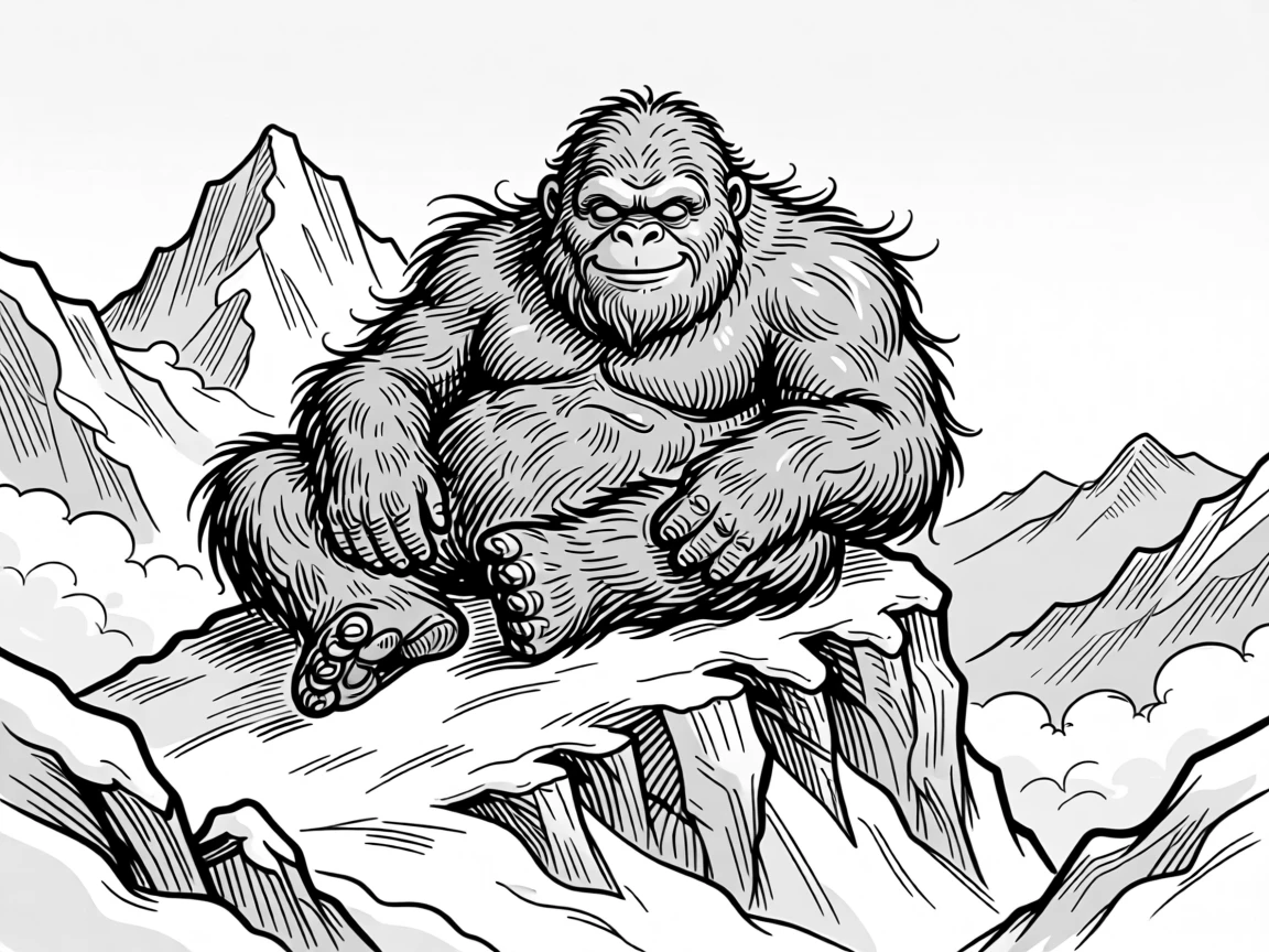 A giant friendly yeti resting peacefully atop a snowy mountain peak.