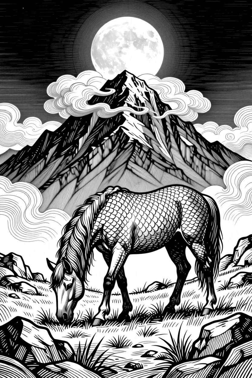 A unicorn grazing in a moonlit clearing atop a mountain wrapped in clouds, with delicate scales catching the moonlight, forming an epic and dreamlike fantasy scene.