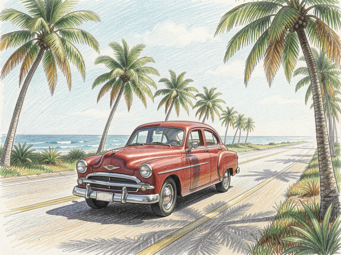 A vintage car cruising along a palm-lined coastal highway, captured in a quiet, intimate moment full of atmosphere, capturing a quiet story that lingers with the viewer.