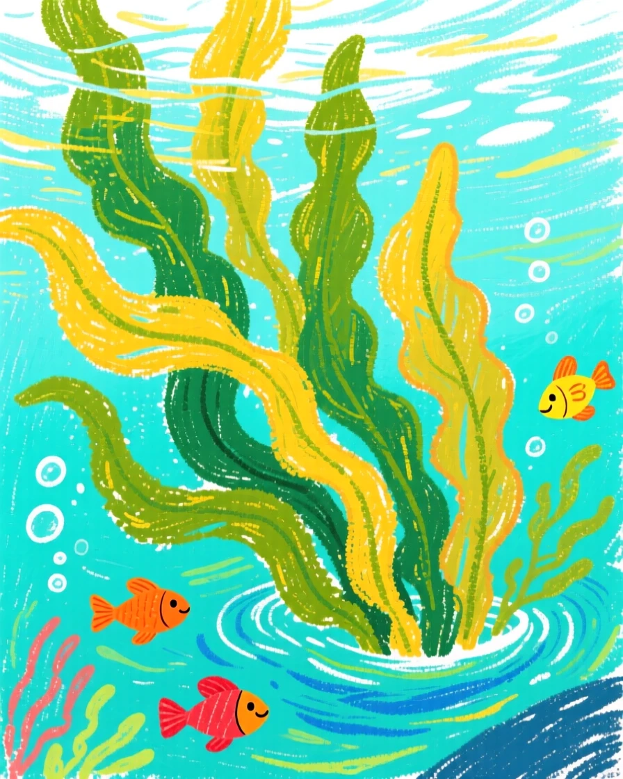 A giant kelp forest drifting through sunlit turquoise water.