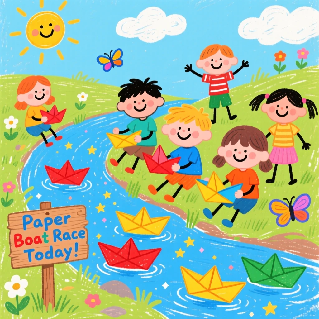 Children making paper boats and floating them down a stream.