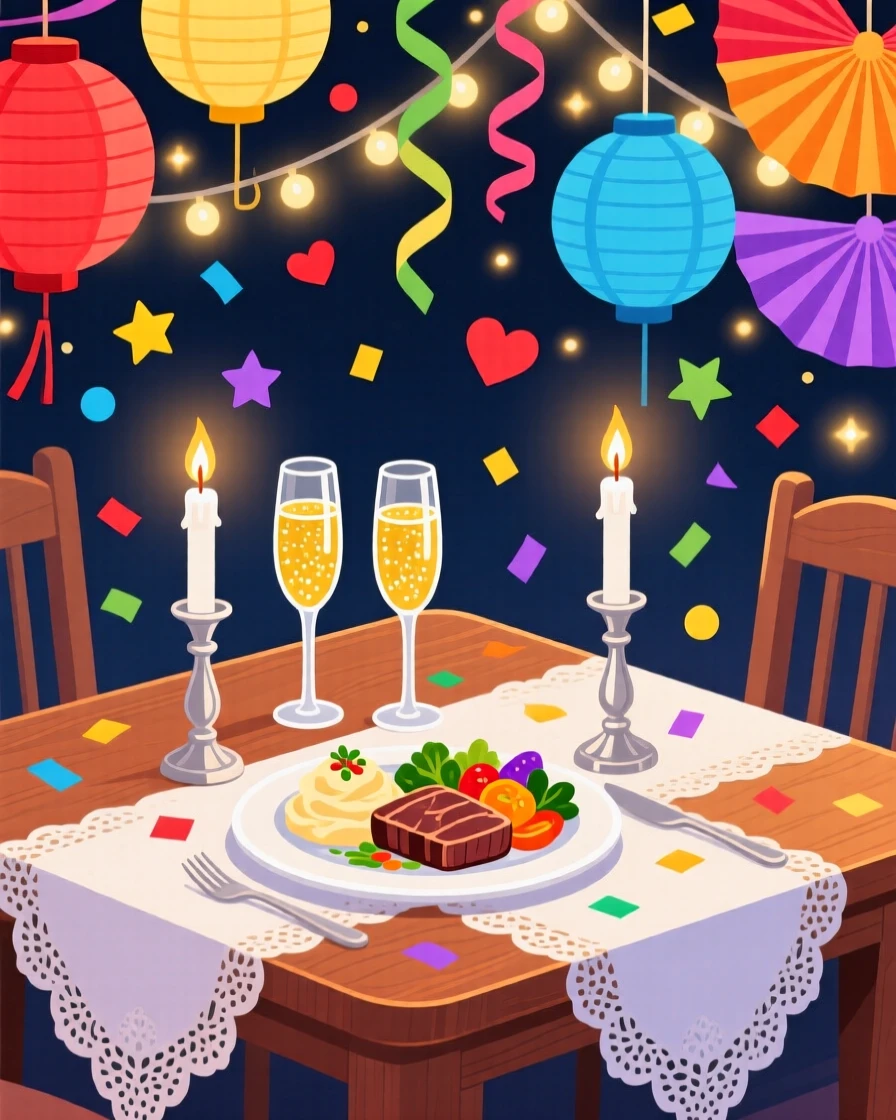A festive anniversary dinner with candlelight and champagne, surrounded by confetti and colorful paper decorations, arranged with vibrant colors creating a celebratory mood, with warm twinkling lights adding a magical sparkle.