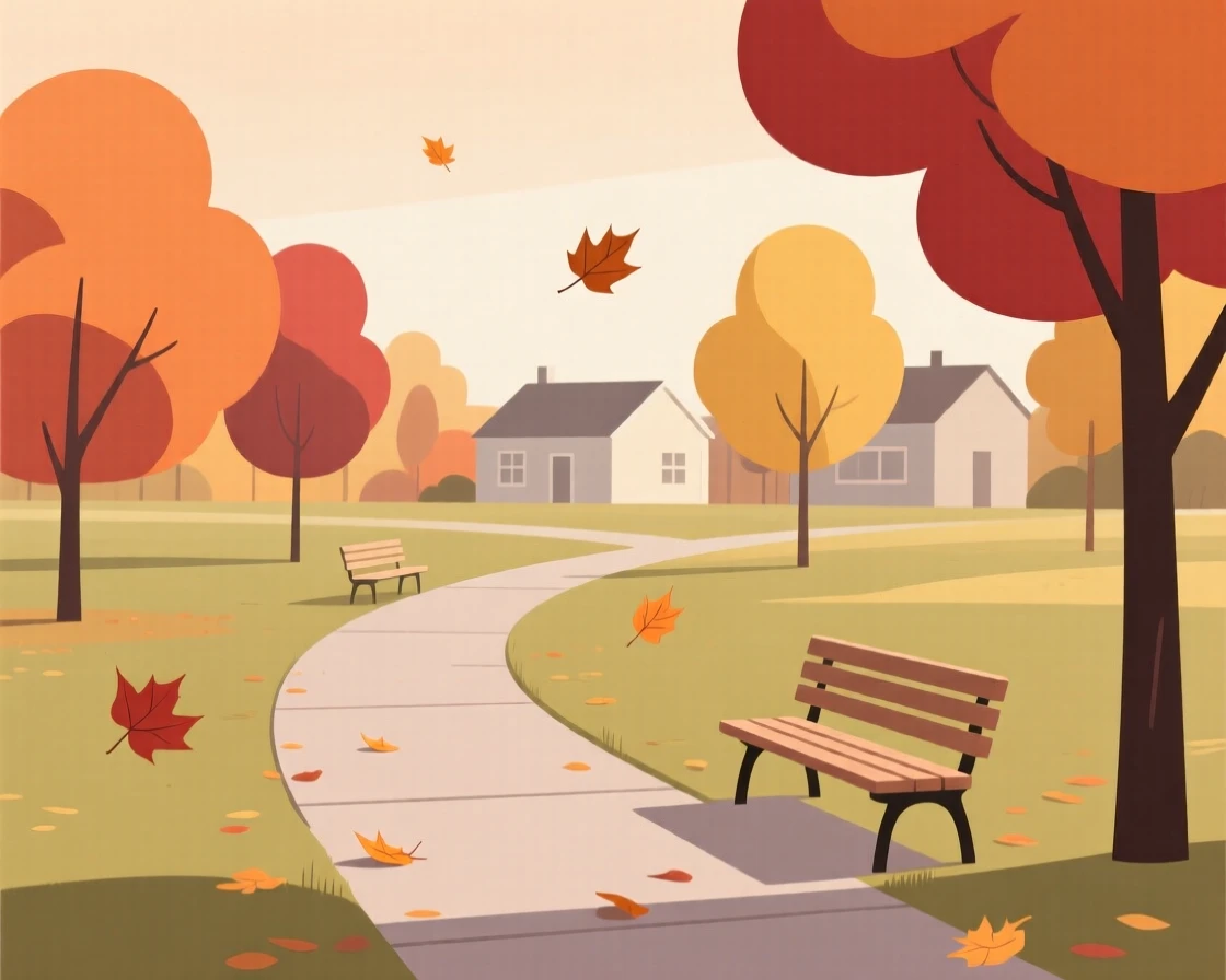 An autumn scene of leaves falling in a quiet suburban park.
