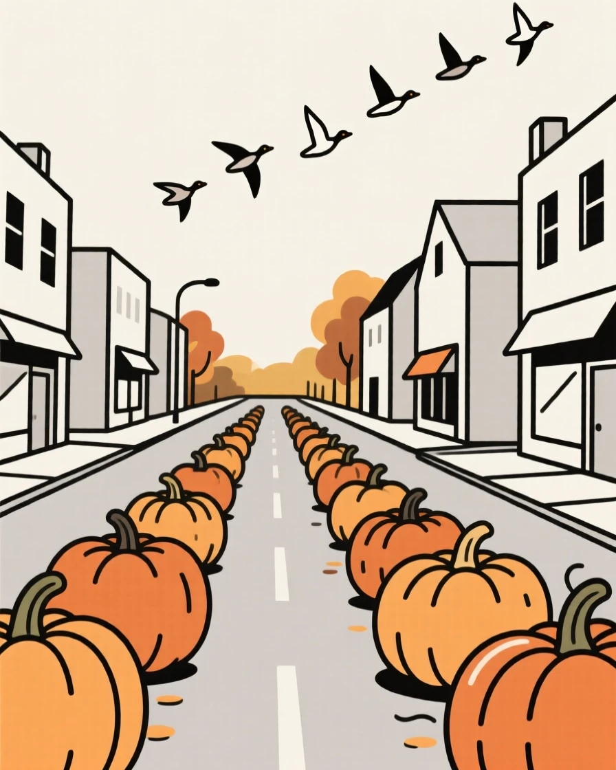 A small town street, transformed by harvest of ripe pumpkins, with migrating geese overhead scattered throughout, captures crisp freshness.