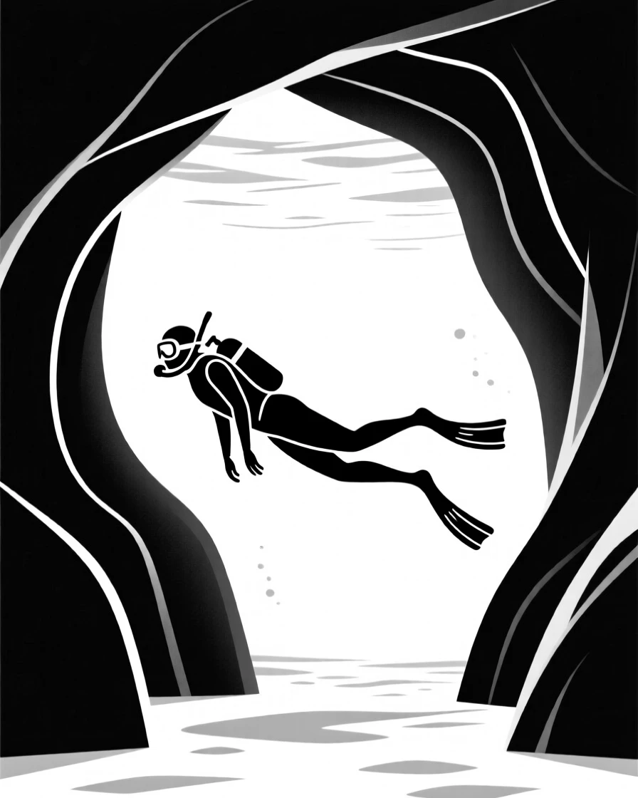 A diver swimming through a narrow underwater cave.