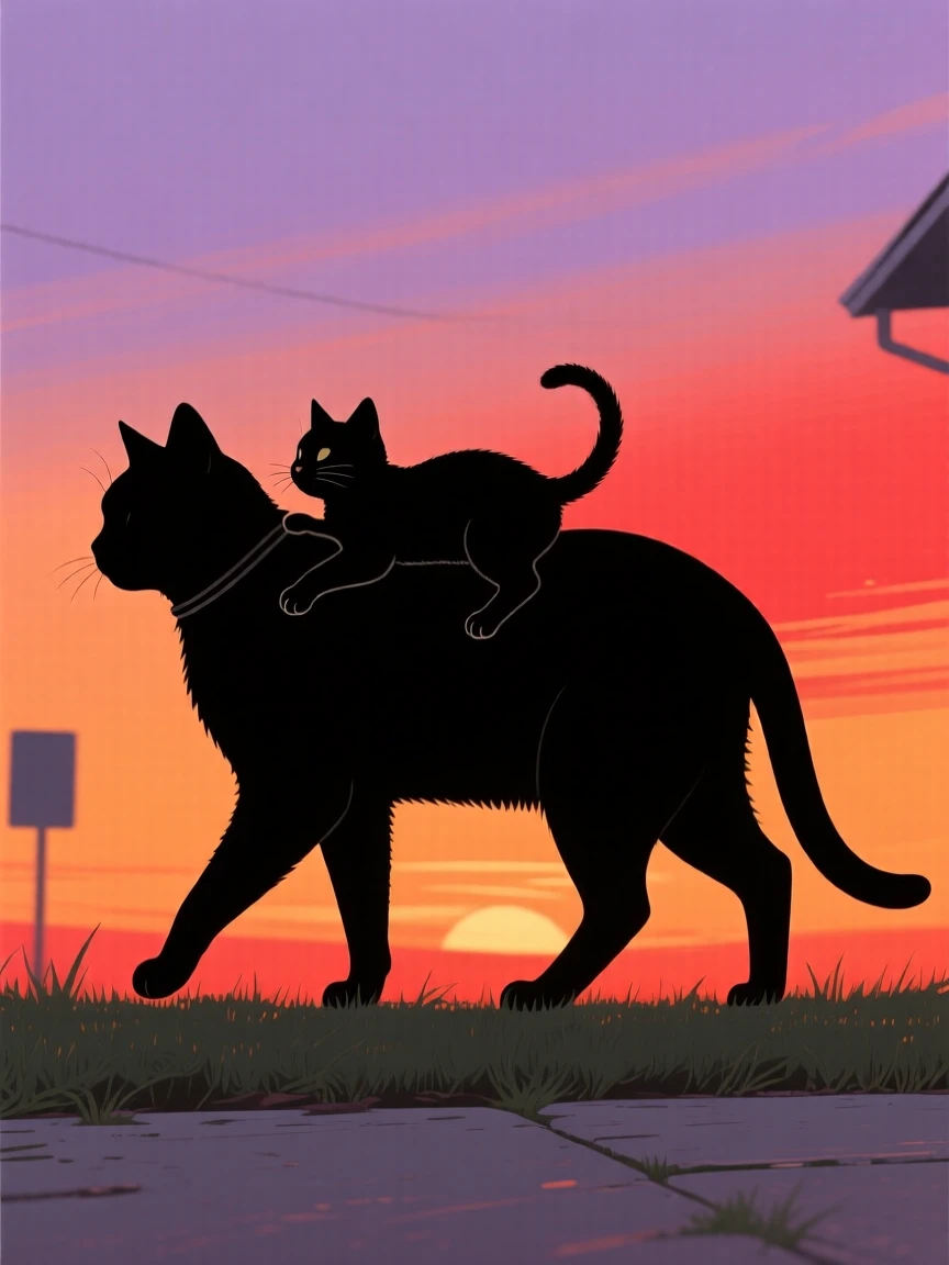 A mother cat carrying a kitten by the scruff across a quiet yard.