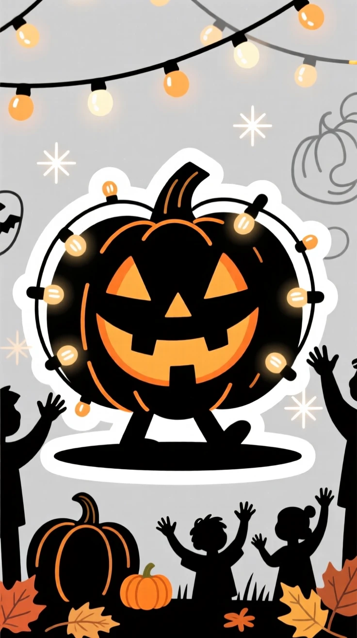 A spirited and joyful jack-o-lantern with a mischievous carved grin, surrounded by twinkling fairy lights, at a joyful family gathering.