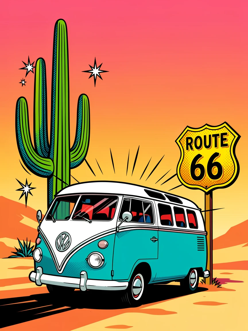 A desert road trip with a vintage van parked beside towering cacti