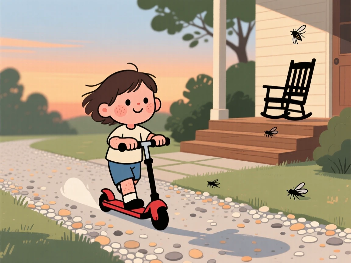 A child rides a scooter down a gravel driveway on a warm summer evening, laughing with the wind in their hair as the hum of cicadas drifts from a nearby porch.