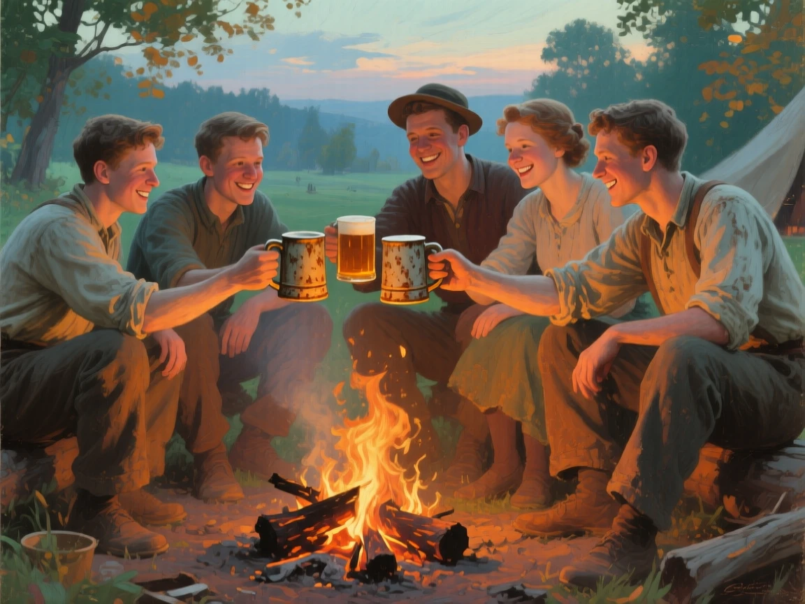 A medium shot of friends toasting with mugs of cider around a crackling campfire, in a soft summer breeze, in the 1930s.