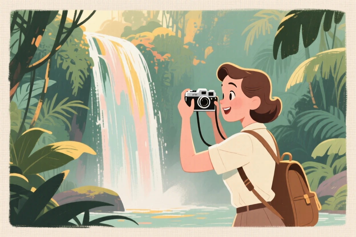 A traveler photographing a hidden waterfall deep in the jungle