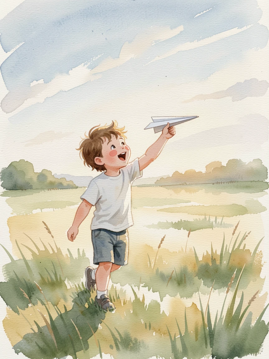 A little boy flying a paper airplane with laughter filling the air.