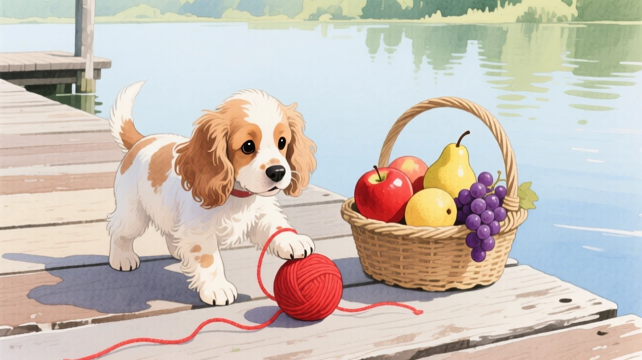A cocker spaniel puppy plays with a ball of yarn in a quiet lakeside dock, beside a basket of ripe fruit
