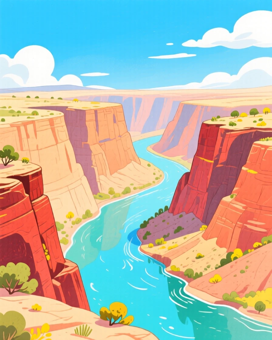 A sweeping view of a canyon carved by an ancient river in the height of summer.