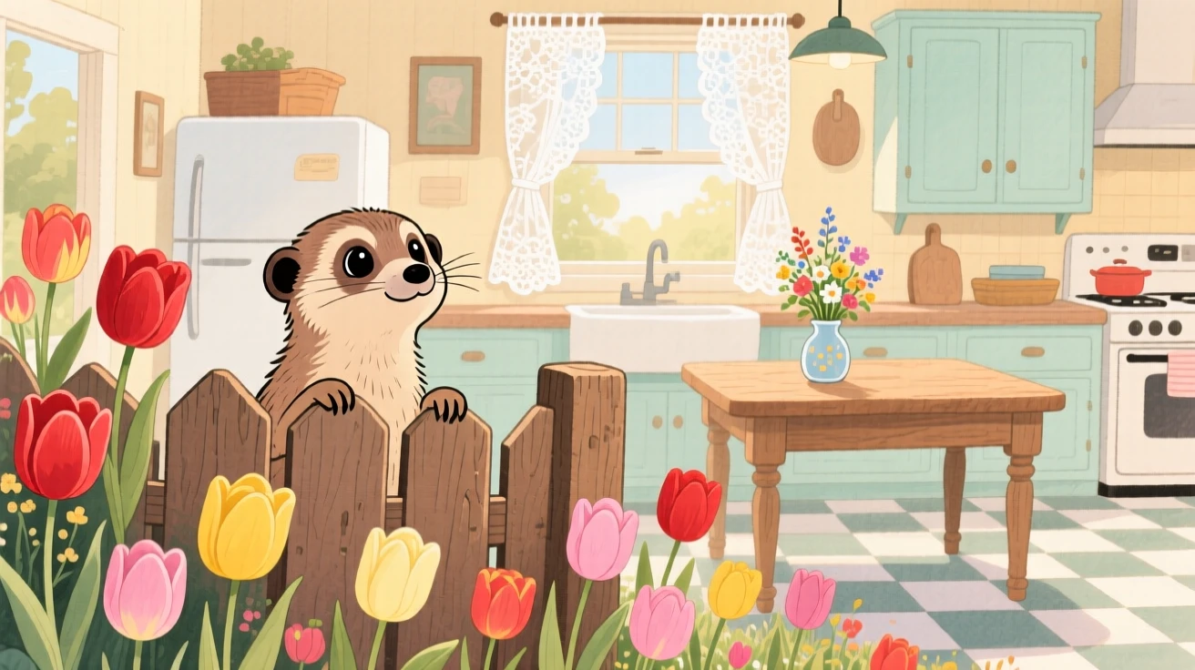 A curious meerkat peeking through a fence at a garden full of tulips, set in a cozy farmhouse kitchen with morning light streaming in, sparking a feeling of tender nostalgia.