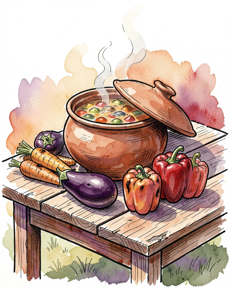 A rustic table set with roasted vegetables and a pot of hearty soup, the aroma almost palpable in the soft afternoon light.