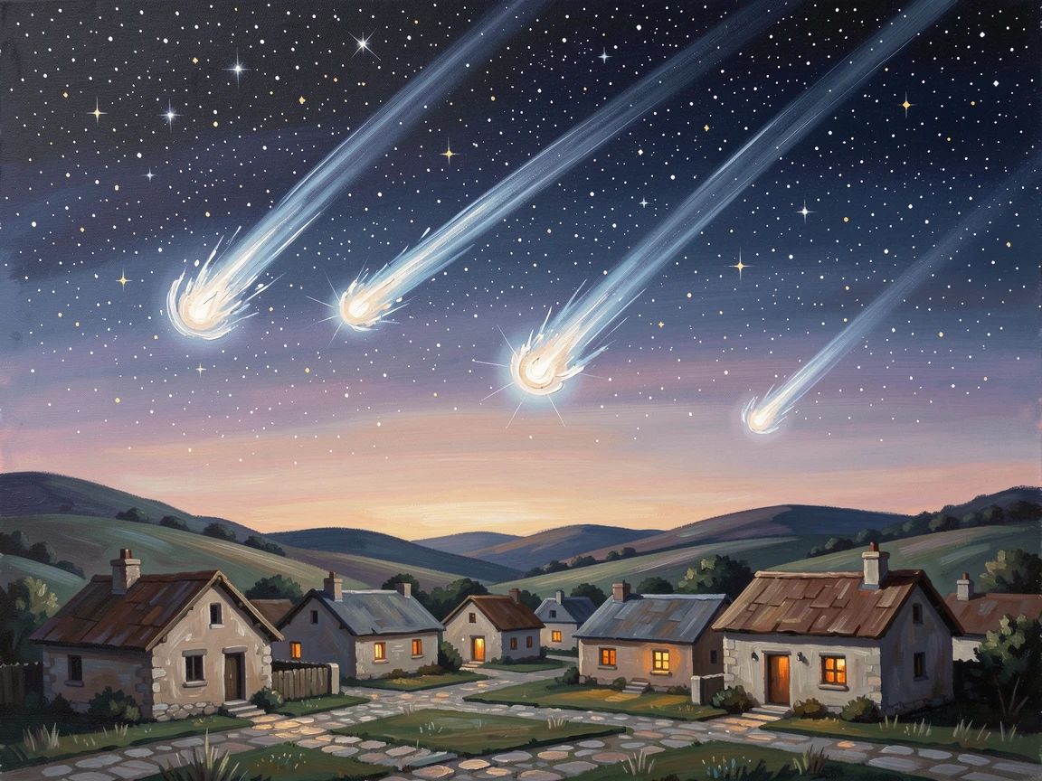 A meteor shower streaking across a star-filled sky, above a sleeping village, windows dark except for a few, shooting stars streaking silently overhead, just after sunset, as the first stars begin to appear.