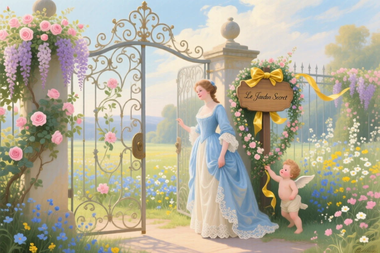 A hidden garden gate opening onto a meadow of wildflowers  