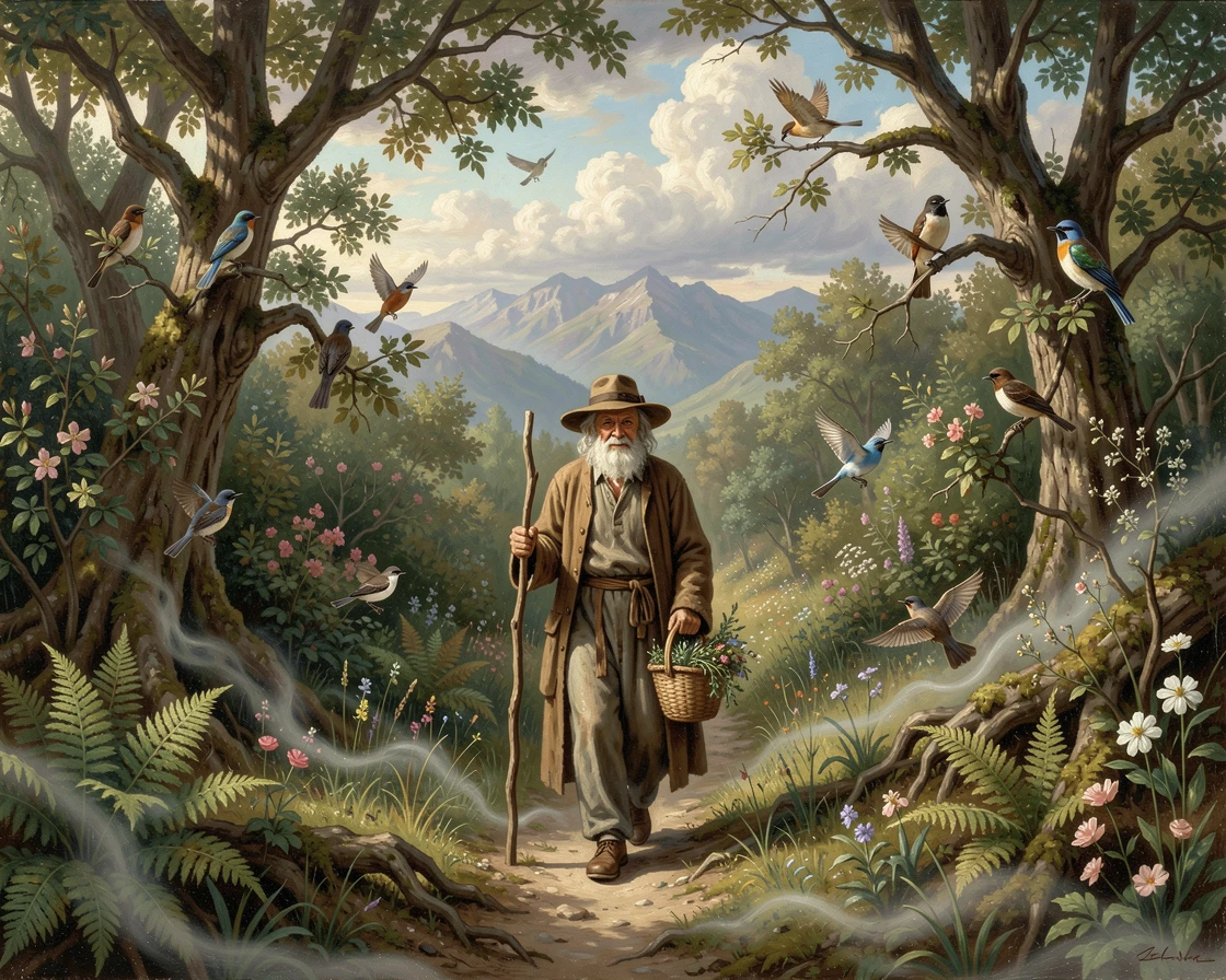 An old herbalist follows a deer trail through a thicket alive with birdsong as mist curls low to the ground.