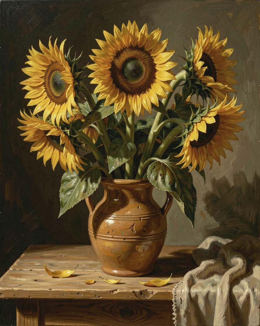 A grand bouquet of sunflowers arranged in a rustic ceramic vase, with soft, warm light highlighting every fine texture and detail, radiating warmth, richness, and understated opulence
