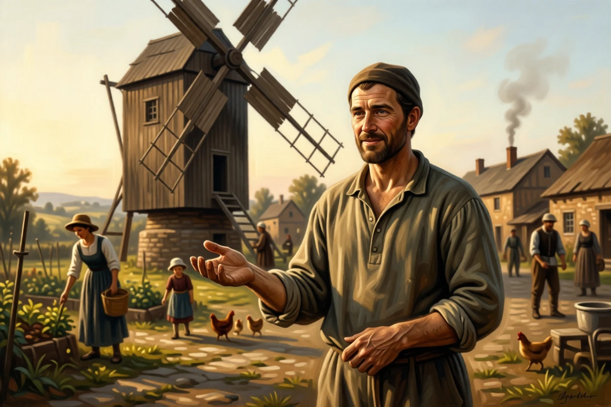 A miller pausing to greet neighbors outside his creaking windmill in a small, quiet moment made luminous and lasting, set within a sunlit rural village at the start of a new day, with worn hands, simple clothing, and the honest textures of daily labor; background activity adds gentle life without distracting from the center, suggesting that meaning is found in life's smallest rituals.