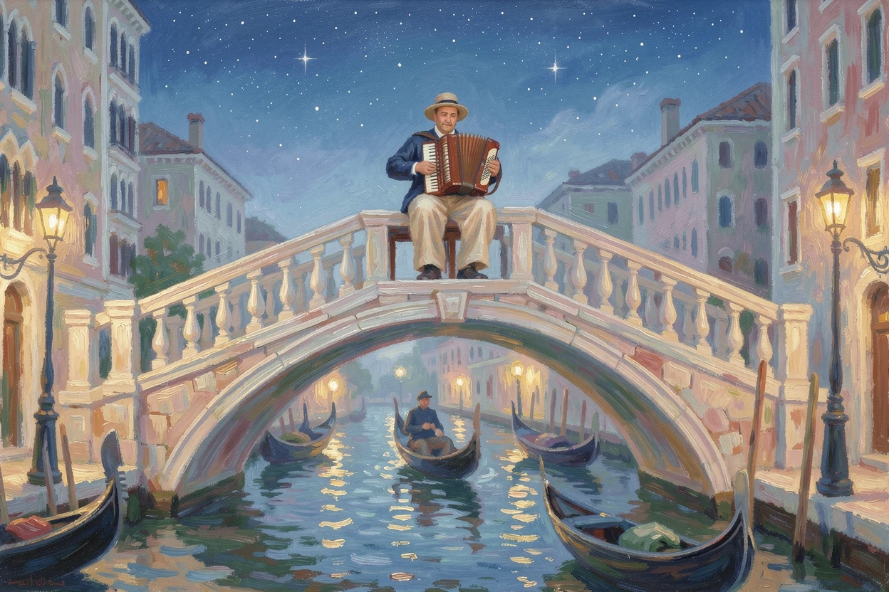 A musician playing an accordion on a Venetian bridge as gondolas drift beneath, under a canopy of stars, radiating joy and gentle celebration.