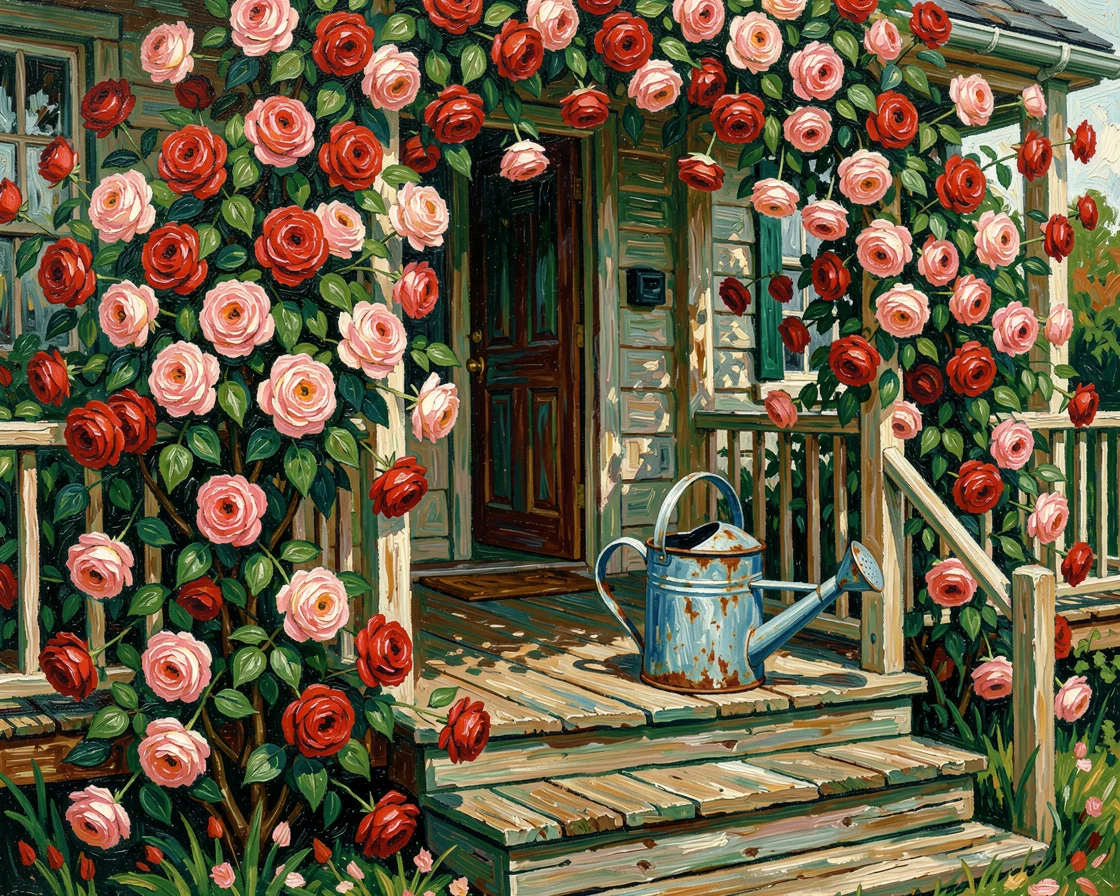 A cottage porch draped in climbing roses, a watering can resting on the steps.